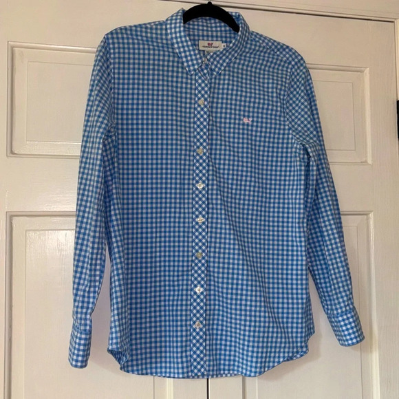 Vineyard Vines Gingham Picnic Style Plaid Size 10 Blue White Button Down Relaxed - Picture 3 of 11